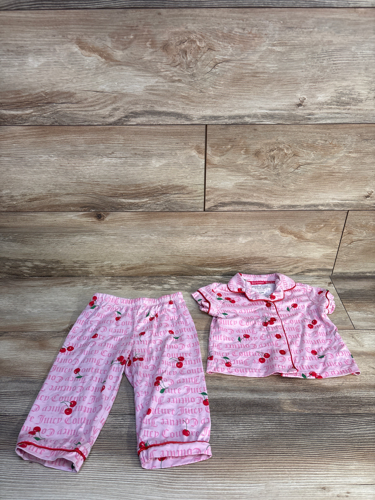 Juicy Couture 2pc Cherry Coat Style Pajama Set Pink sz 12m