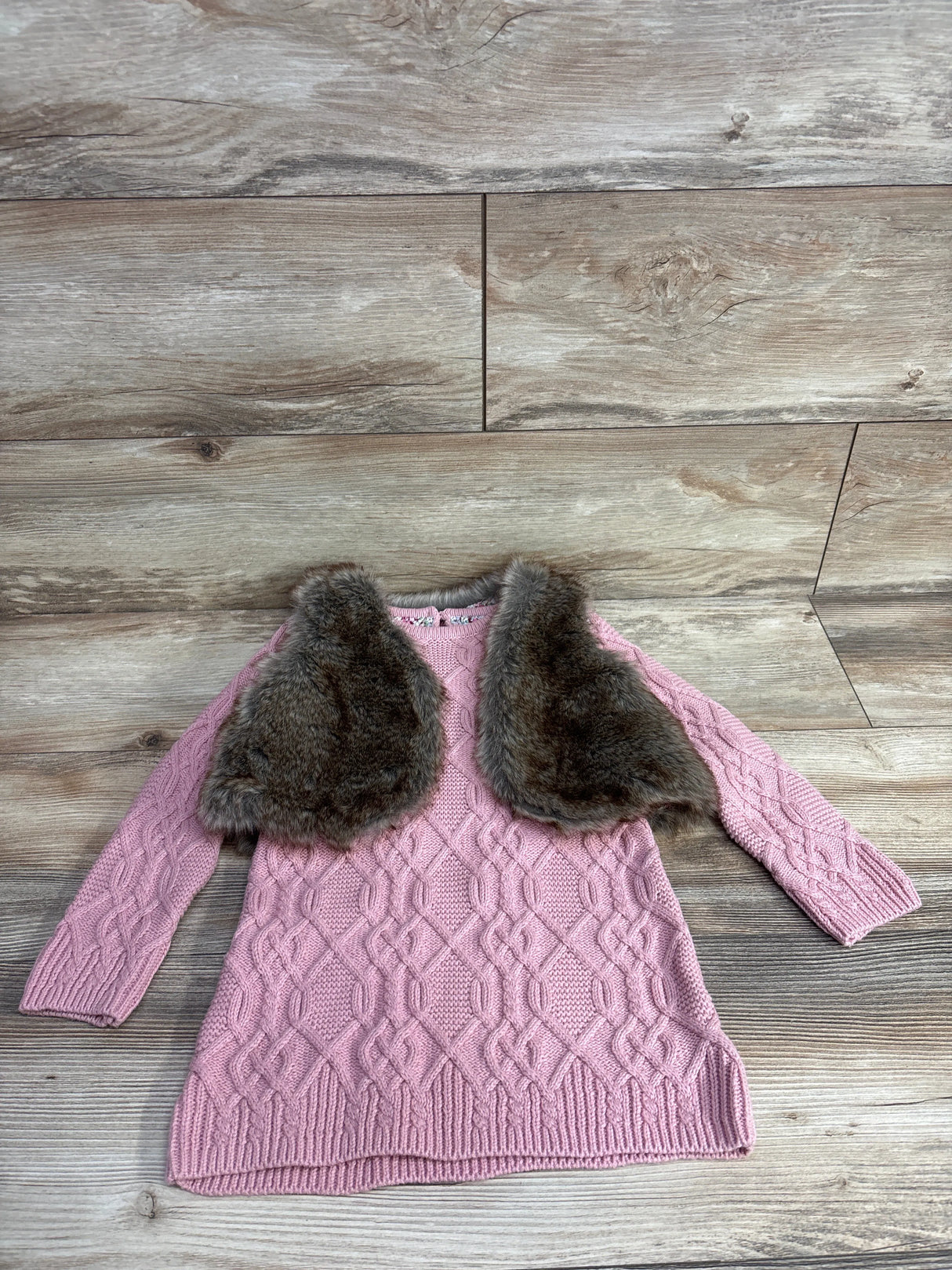 Adrienne Vittadini Cable Knit Sweater Dress & Faux Fur Cardigan 2pc Set Pink sz 3T