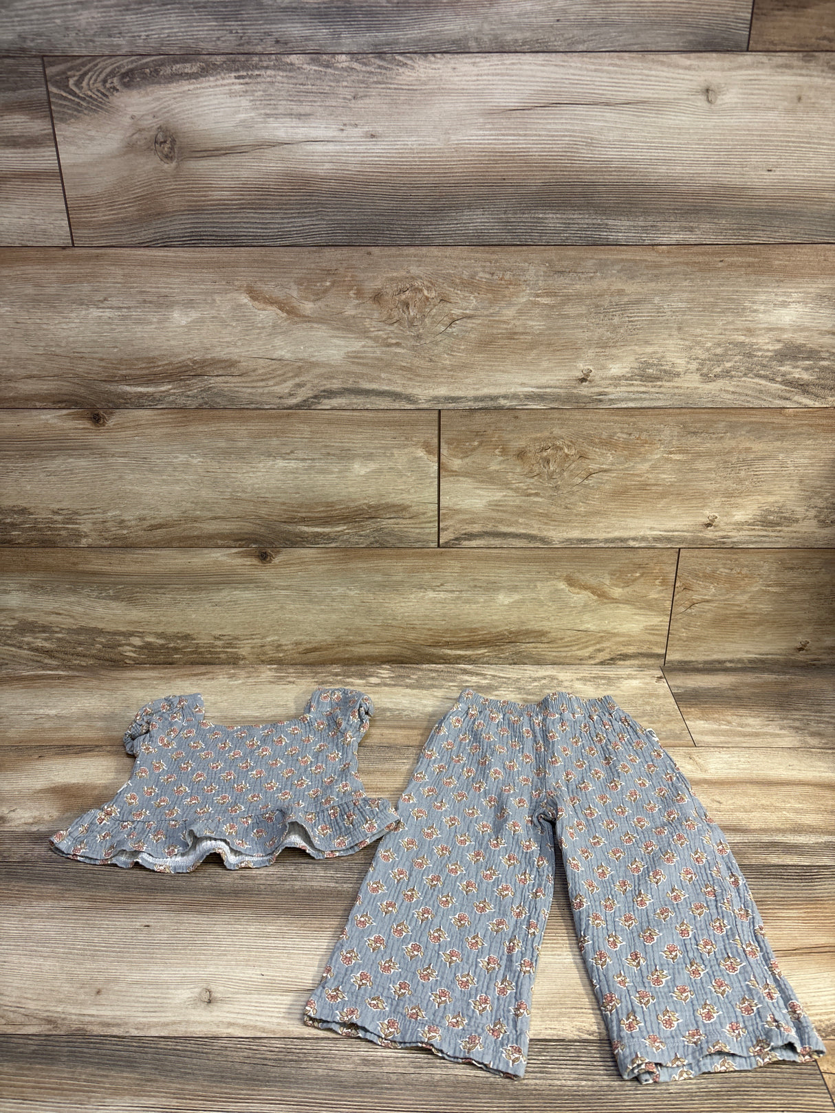 Rabbit + Bear Organic 2pc Floral Gauze Top & Pants Set Slate Blue sz 3T