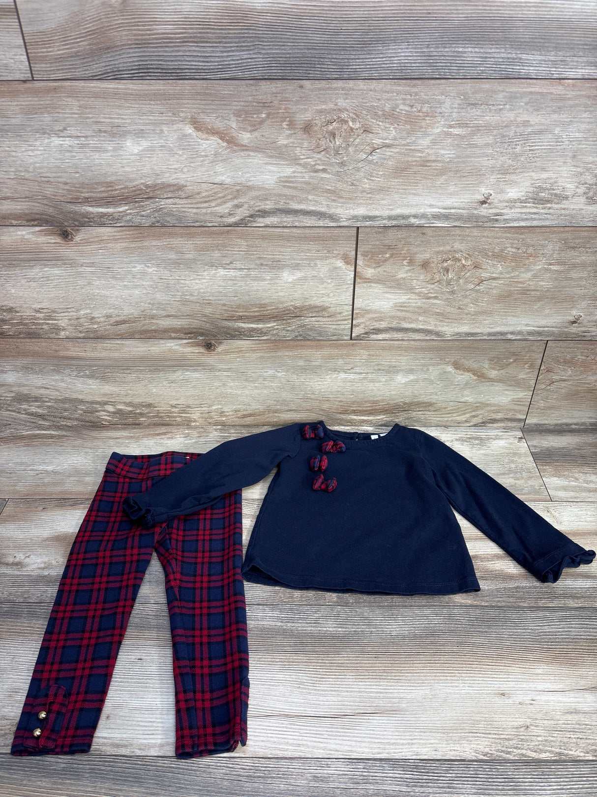 Janie & Jack Tartan Bow Top & Button Cuff Ponte Pant in Dark Marine