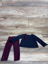 Janie & Jack Tartan Bow Top & Button Cuff Ponte Pant in Dark Marine