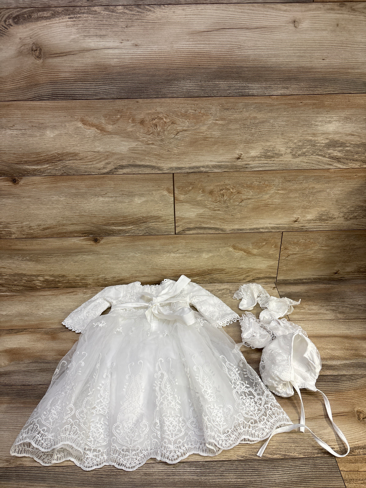 NEW A & J Designs 4pc Lace Christening Baptism Dress Set White sz 3m