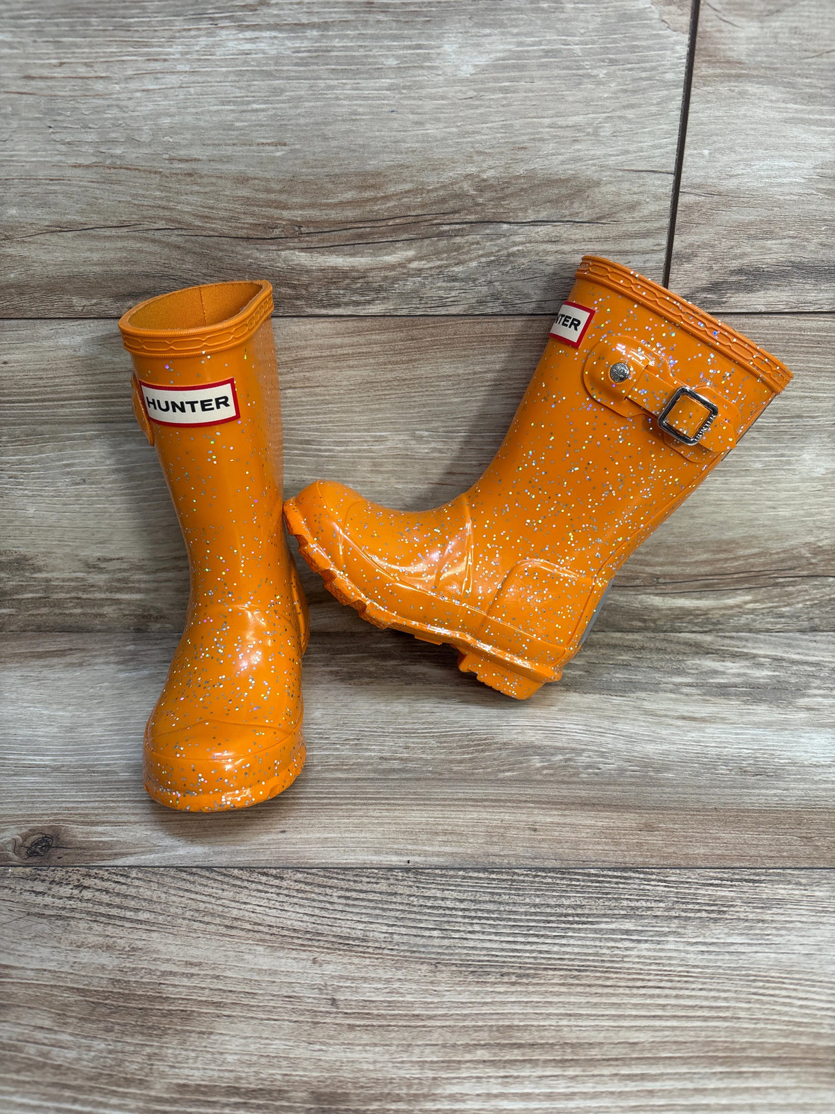 Hunter First Giant Glitter Rain Boots Orange sz 8c