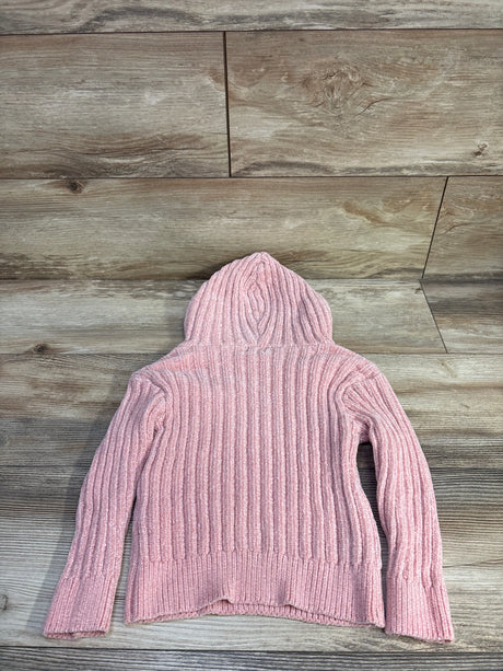 Back view of pink DKNY knit velour hooded toddler sweater size 3T showing ribbed texture and hood on light wood background