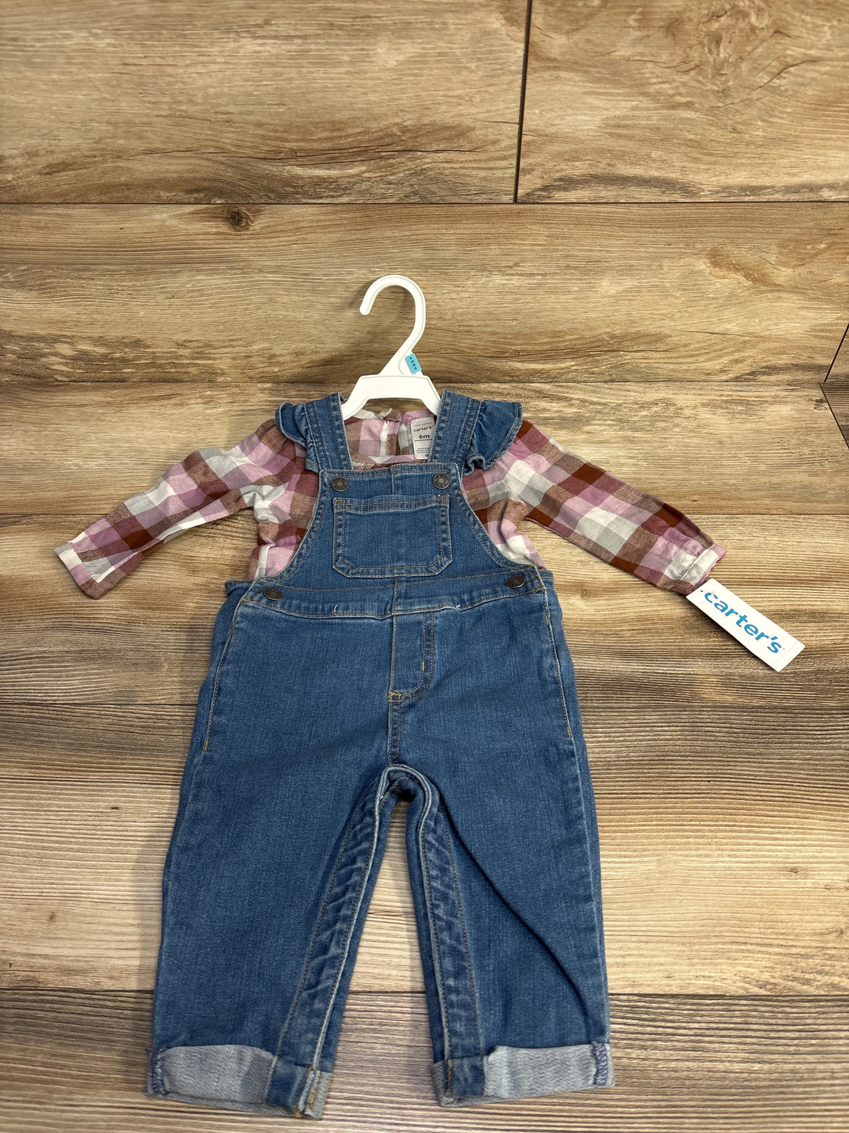 NEW Carter's 2pc Plaid Top & Denim Overalls Set Purple sz 6m