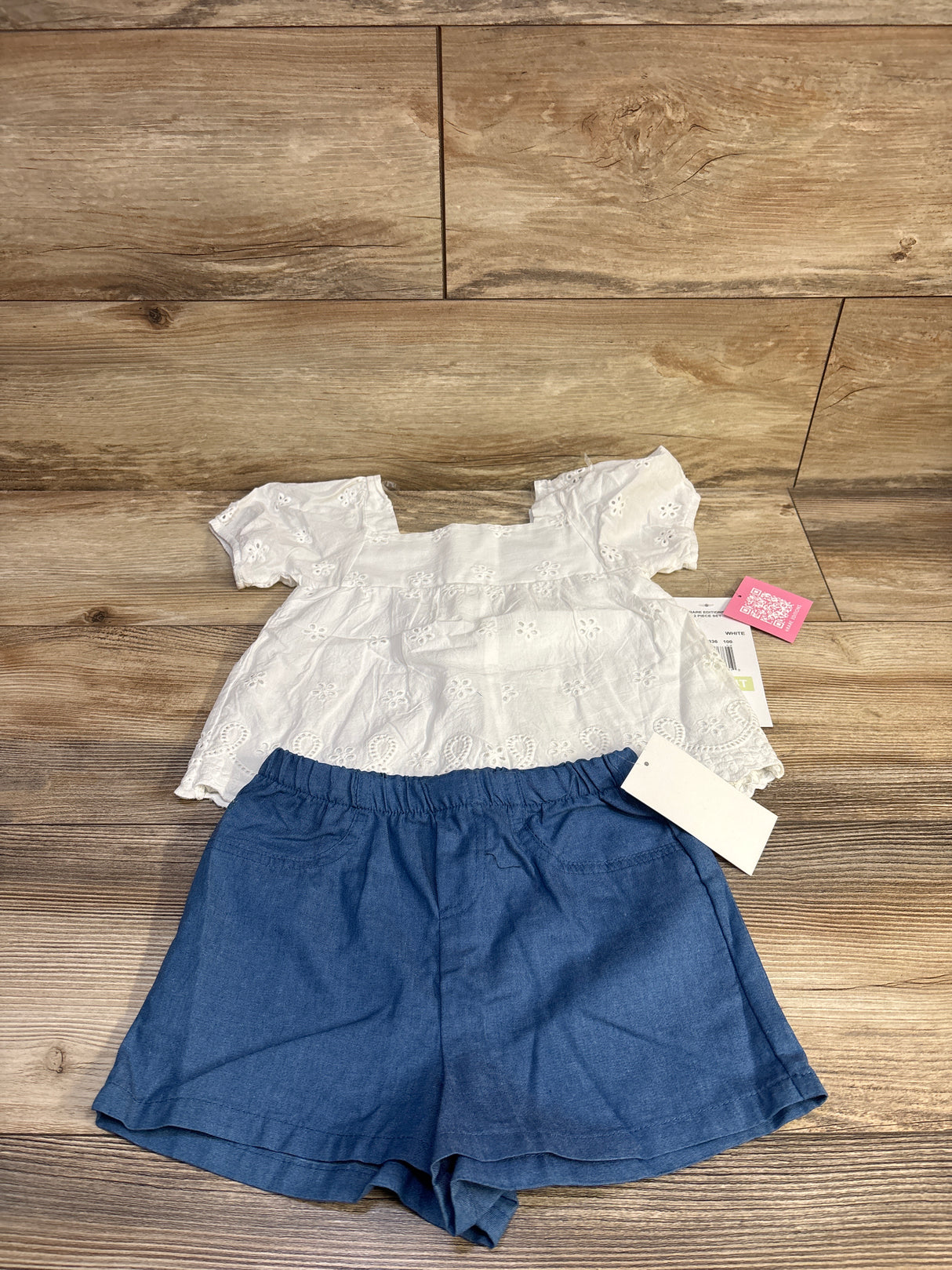 NEW Rare Editions 2pc Eyelet Top & Chambray Shorts Set White sz 4T