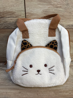 Kids white fleece backpack with cat face and brown leopard print ears, wooden floor background