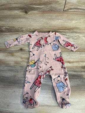 Pink baby onesie with giraffe, panda, unicorn print on wood floor, kids clothing resale