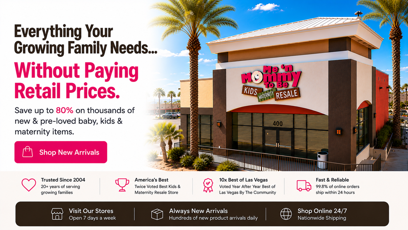 Promotional banner for Baby Daddy Kids Resale featuring a large retail store building with palm trees, alongside marketing text about family essentials and pricing savings, plus store trust badges and shipping information.
