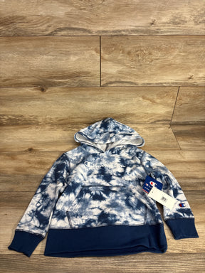 Kids blue and white tie-dye Champion hoodie with front pocket and tags