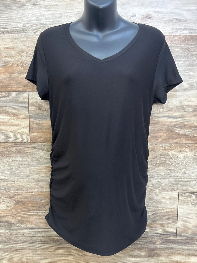 Front view of black Time and Tru maternity shirt showing V-neck, short sleeves and side ruching on mannequin against wood plank background