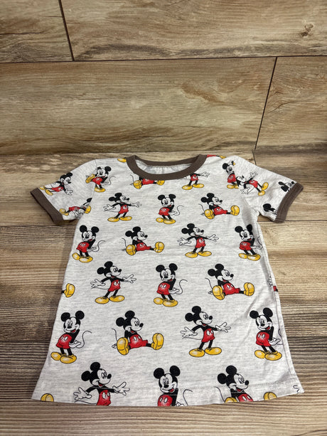 Grey Disney Junior Mickey Mouse print t-shirt for kids size 4T on a wooden background.