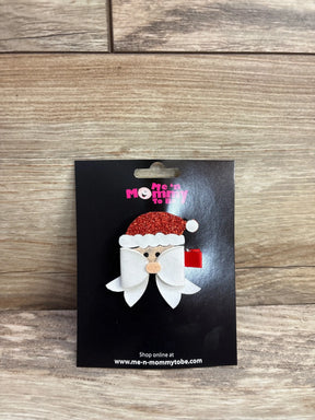 Santa-themed kids hair clip with glitter red hat and white bow, perfect for holiday outfits