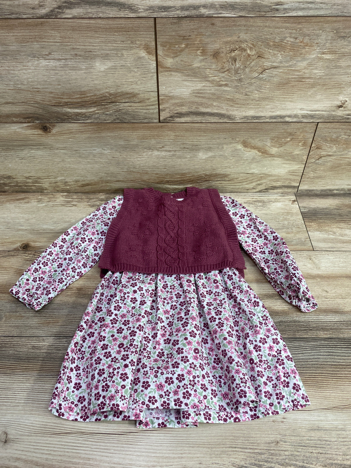 Nicole Miller 2pc Floral Long Sleeve Dress & Knit Vest Pink sz 2T