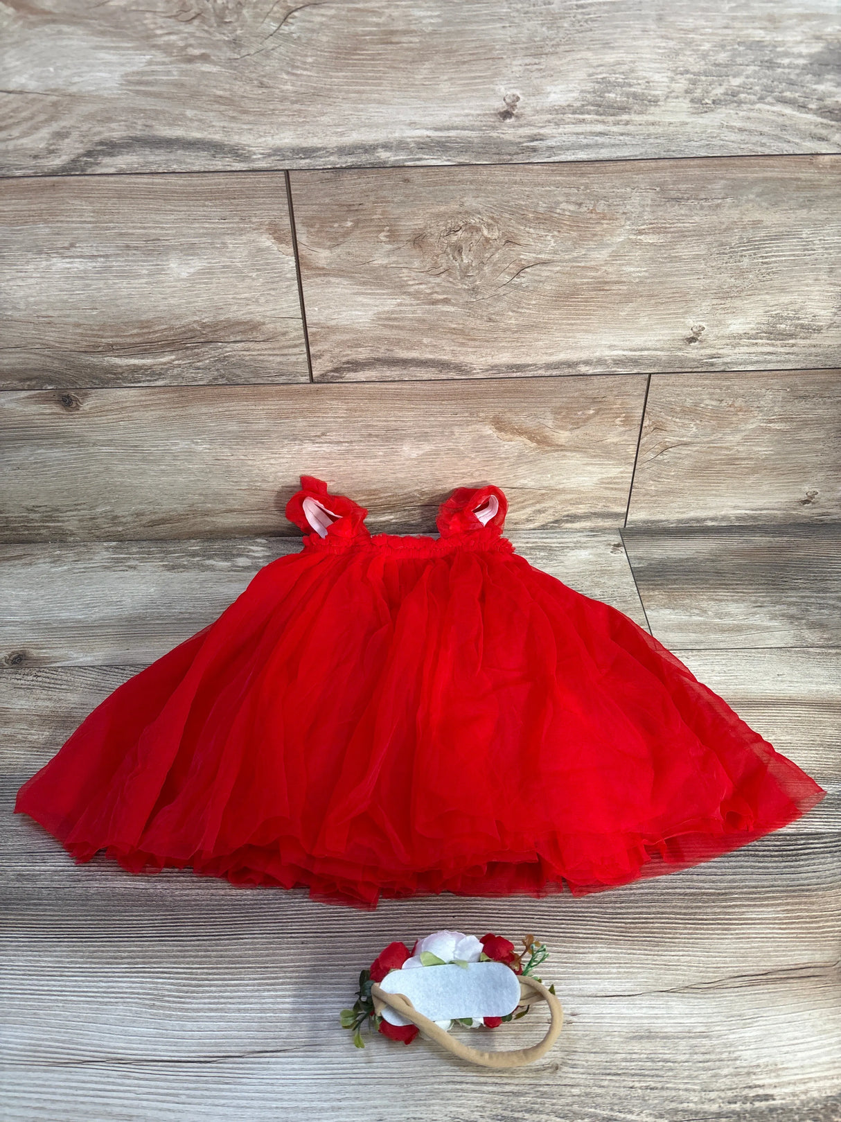 2pc Sleeveless Tulle Dress & Floral Headband Red sz 12-18m