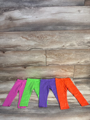 Front view of 4-pack toddler leggings (size 18 months) showcasing elastic waist and bright pink, green, purple and orange colors on wood plank background