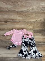 NEW Shein 3pc Puff Sleeve Bodysuit, Cow Pants, & Headband Set Pink sz 3-6m