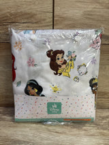 Front view of NEW Disney Baby Princess fitted crib sheet showcasing sealed packaging with Belle Ariel and Jasmine print on wood plank floor