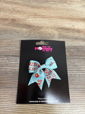 Light blue Merry Christmas hair bow with red text, perfect for kids' holiday outfits