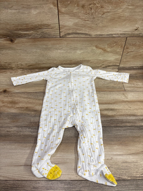 Front view of Just One You white ribbed sleeper, size 9 months, with long sleeves, front zip and footed legs on wood flooring