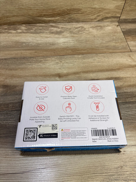 Back view of Vmaisi 19-pack baby proofing magnetic cabinet locks showcasing adhesive or screw installation with a wooden floor