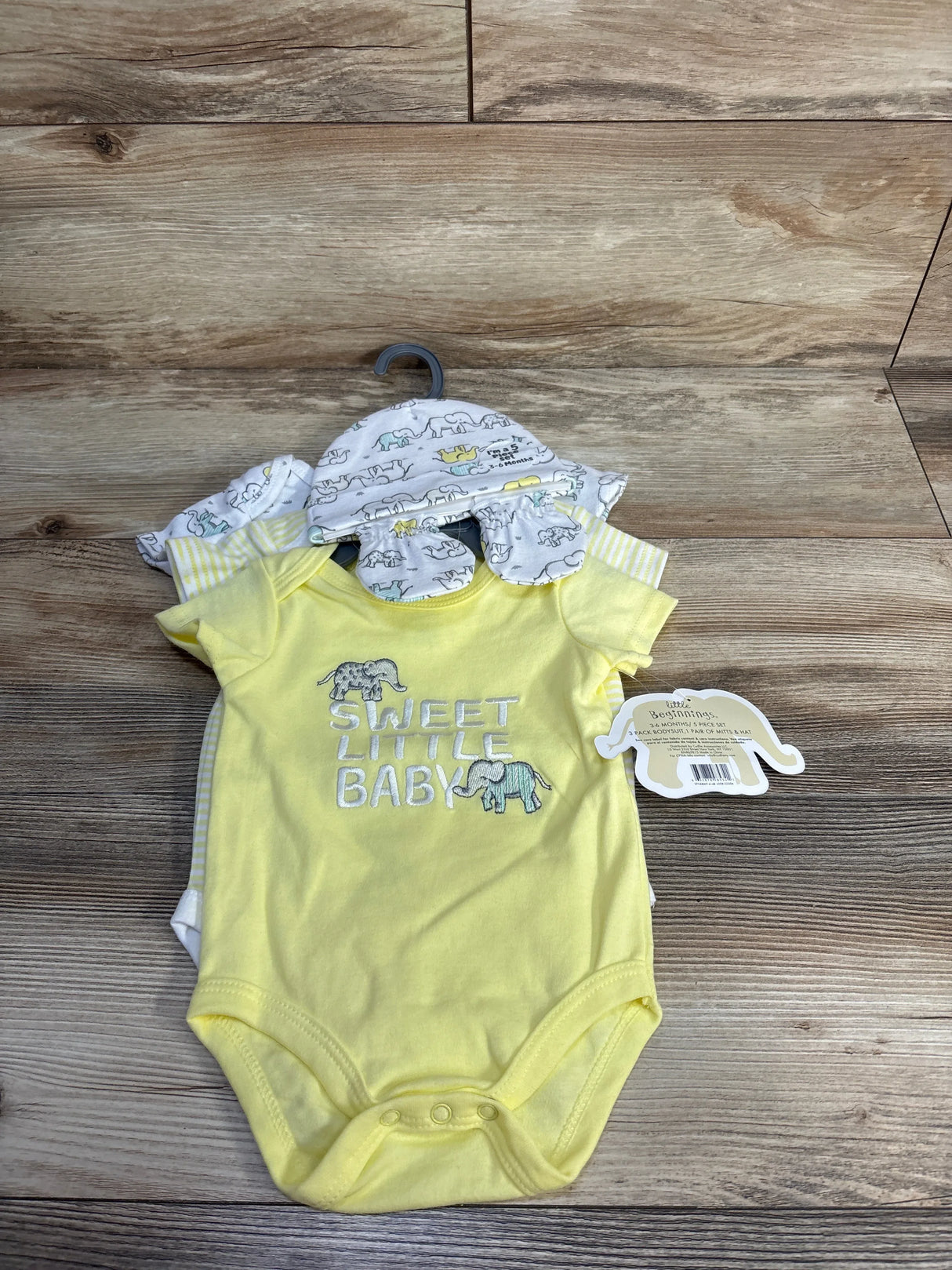 NEW Little Beginnings 5pc Bodysuit, Hat, & Mittens Set Yellow sz 3-6m