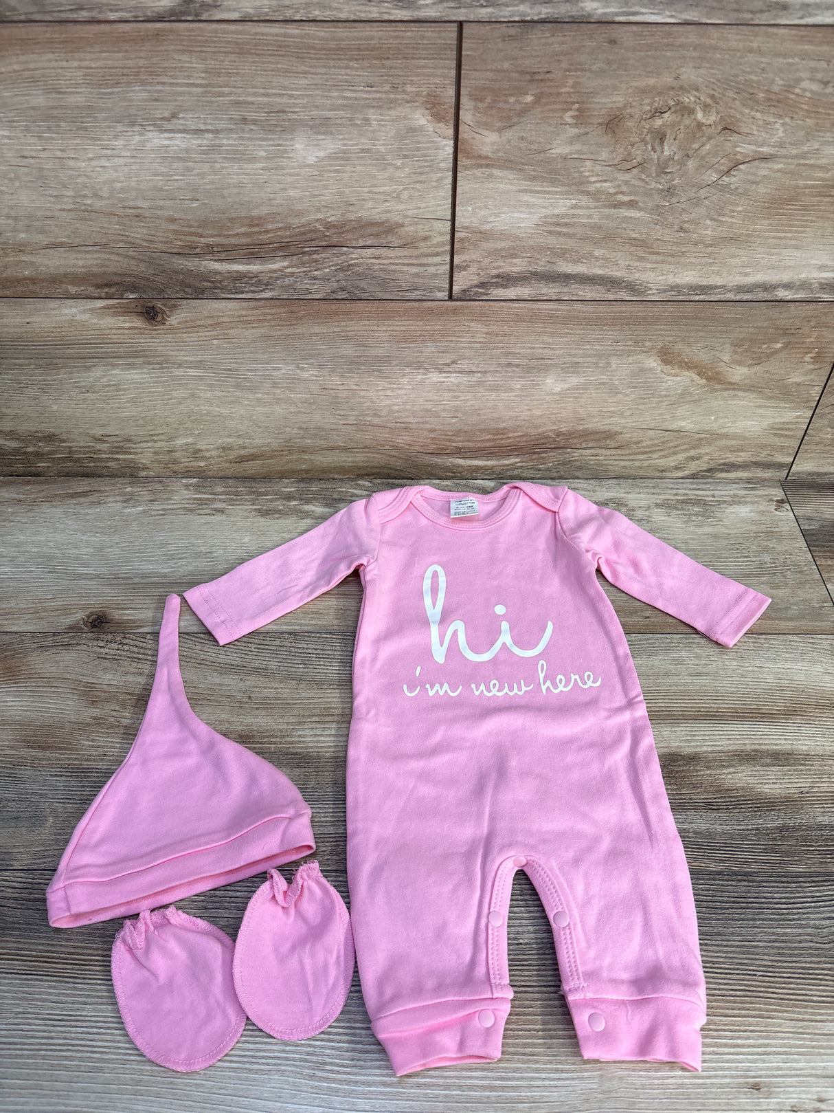 3pc 'Hi I'm New Here' Coverall, Hat, & Mittens Set Pink sz 0-3m