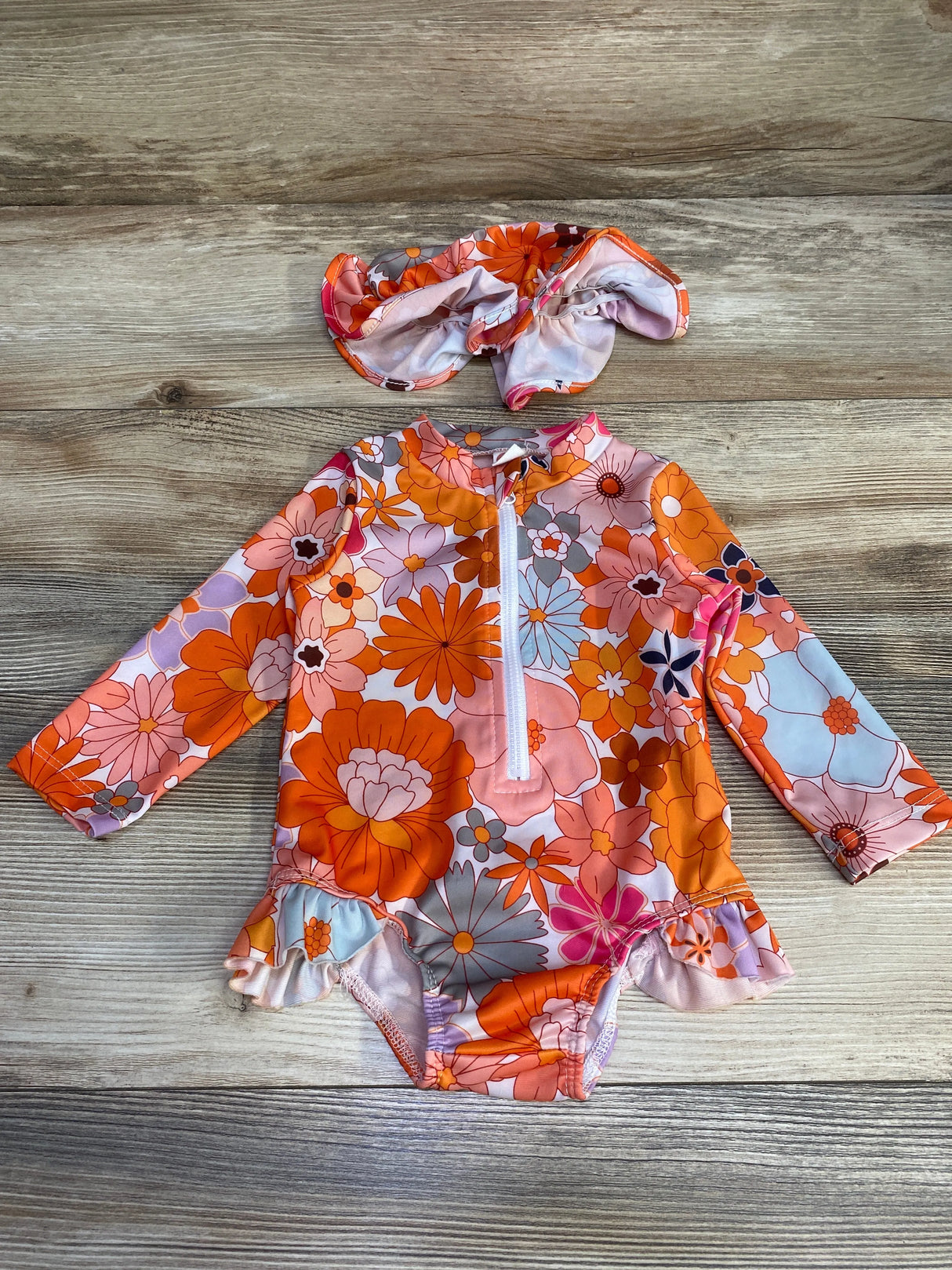 2pc Floral Rashguard Swimsuit & Hat Orange sz 6m