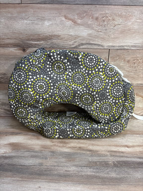 Front view of My Brest Friend nursing pillow, Fireworks pattern, contoured back and flat feeding surface on wood background