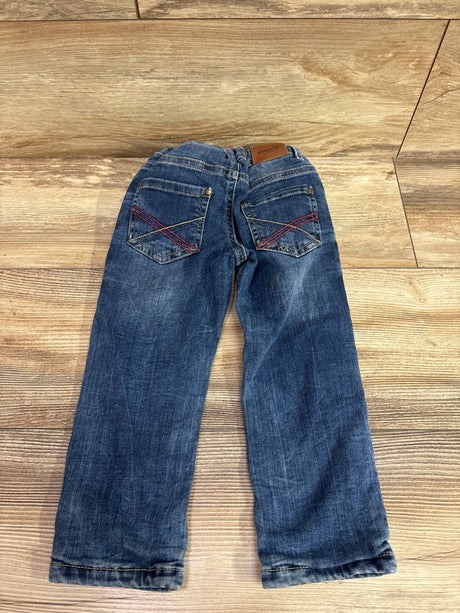 Back view of blue Me n Mommy To Be denim jeans for toddlers with red stitching on pockets.