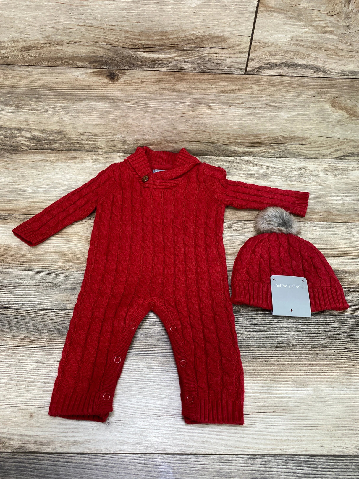 NEW Tahari Cable Knit Coverall & Beanie Red sz 0-3m