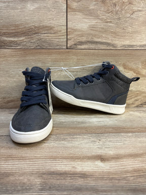 Front and side view of Art Class Geoff high-top sneakers, grey with navy laces and white soles, size 2Y, new with tag on wood background