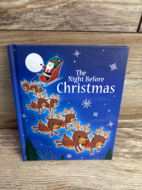 The Night Before Christmas kids book with Santa, reindeer, snowflakes on blue cover, perfect for holiday reading