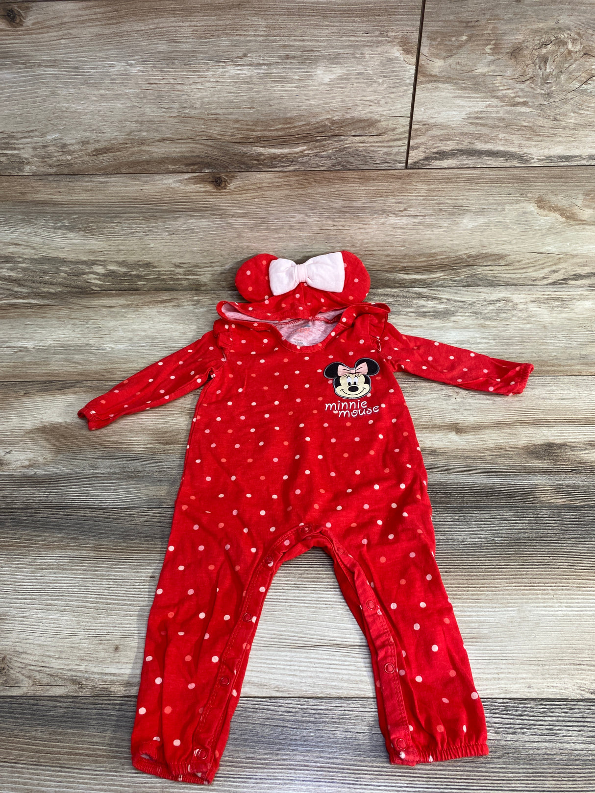 Disney Baby Minnie Mouse Polka Dot Hooded Coverall Red sz 12m