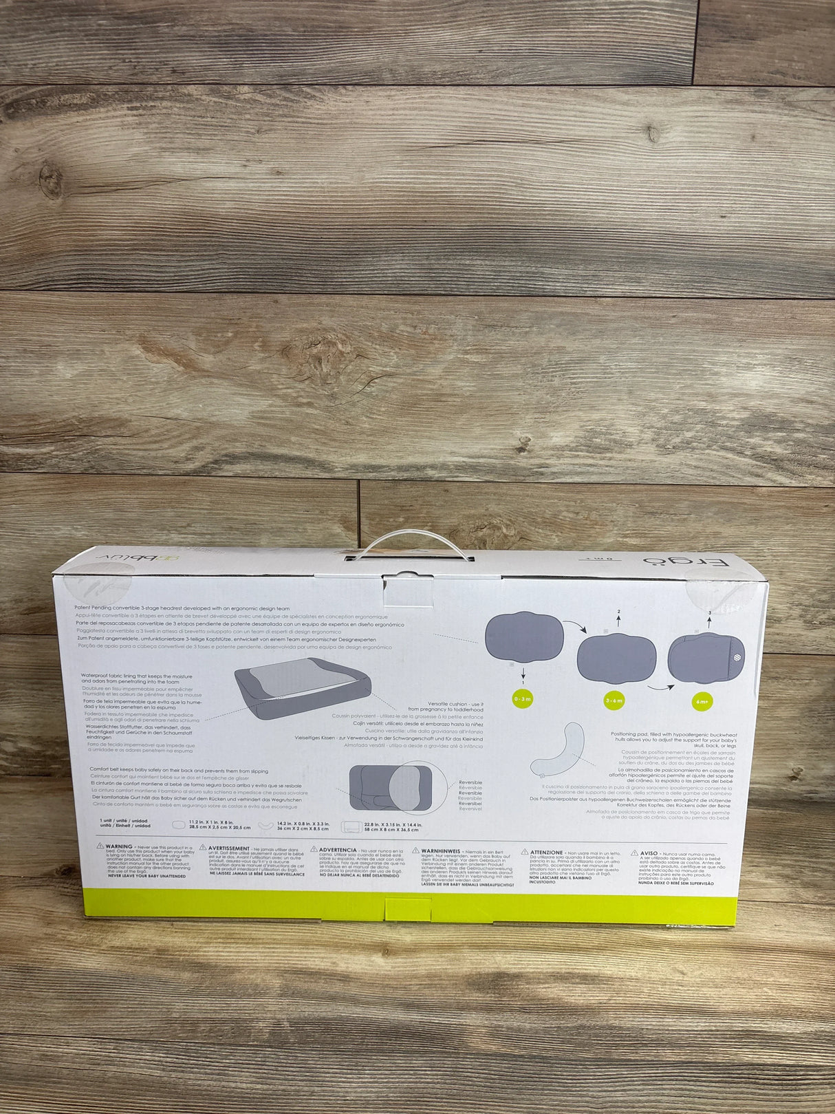 Front of boxed bbluv Ergo complete set showing product diagrams and carry handle on wood plank background