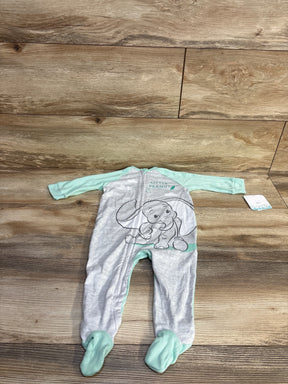 Flat lay of Disney Dumbo footed sleeper in gray and mint, size 3-6 months, front zipper and Dumbo graphic on wood background