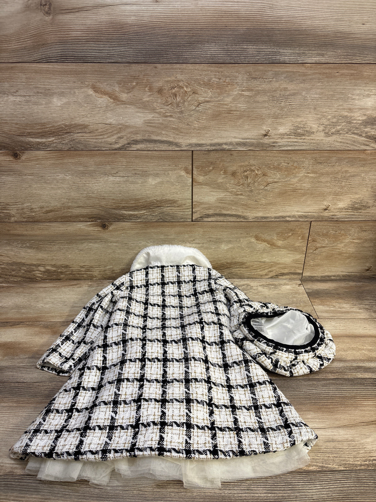 Blueberi Boulevard 3pc Plaid Boucle Coat, Tulle Dress, & Hat Set White sz 4T