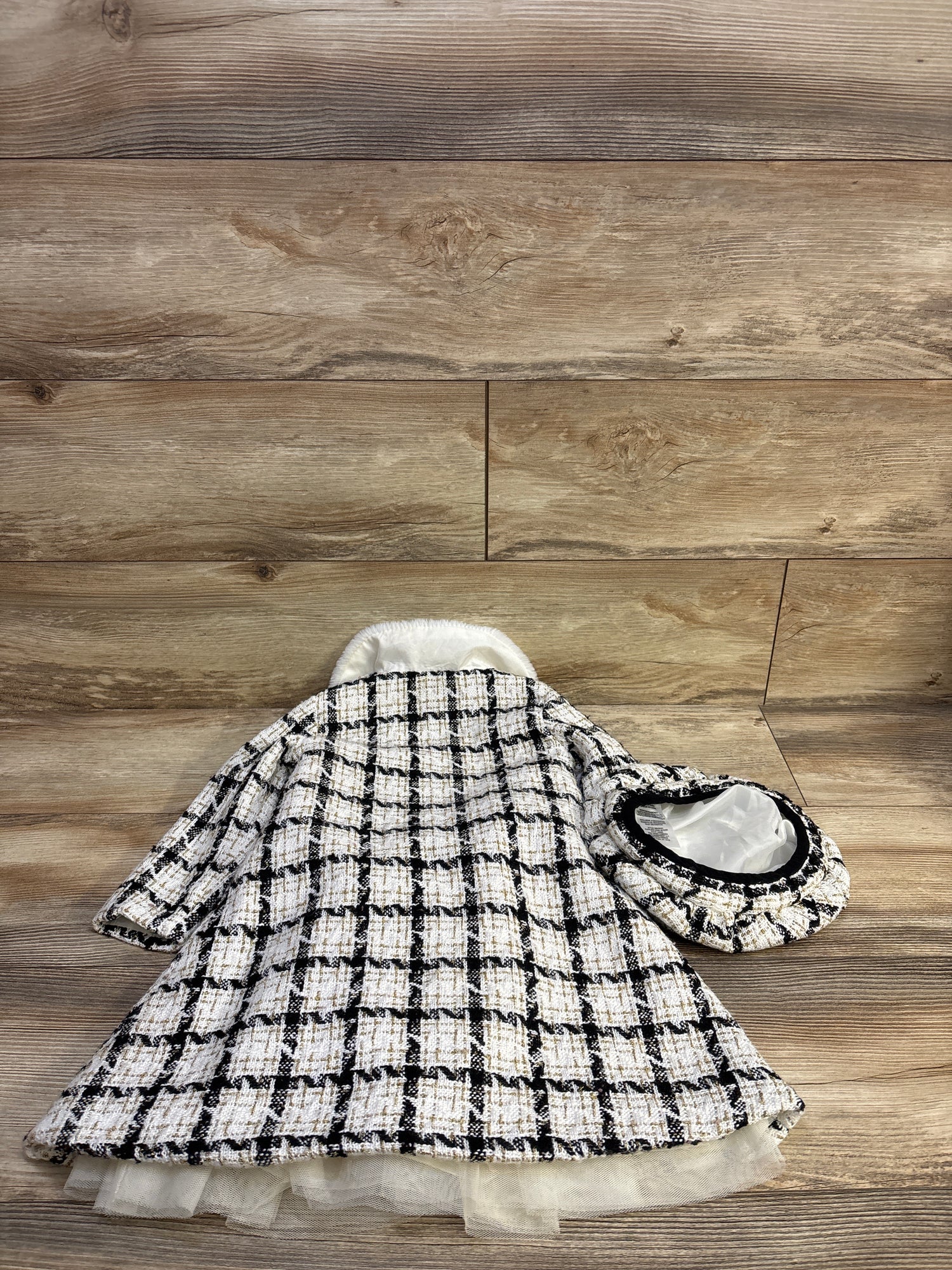 Blueberi Boulevard 3pc Plaid Boucle Coat, Tulle Dress, & Hat Set White sz 4T