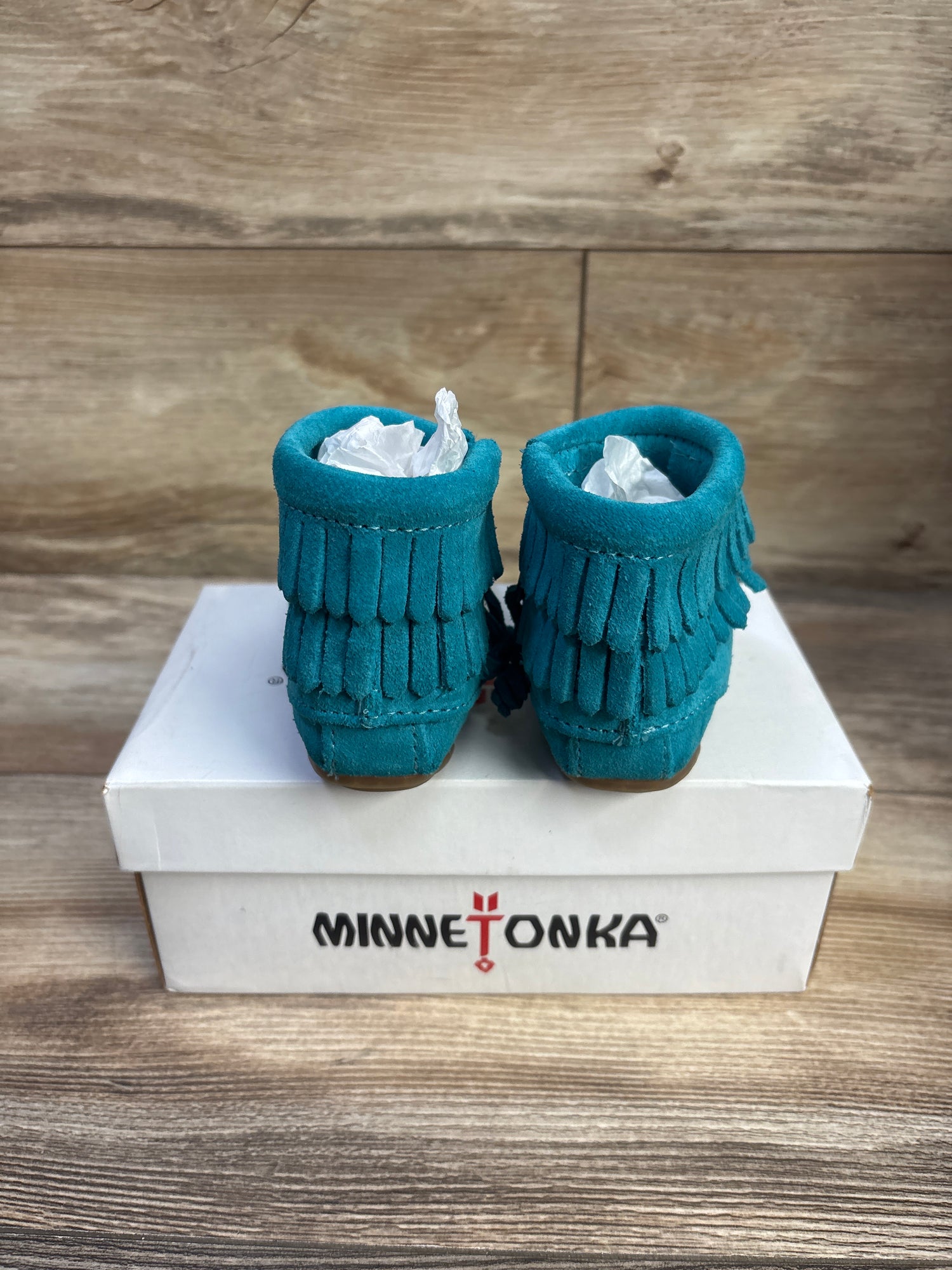 NEW MinneTonka Double Fringe Side Zip Booties Turquoise sz 5c