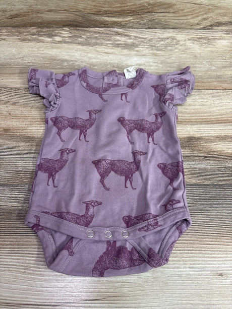 Kate Quinn Organic purple flutter sleeve baby bodysuit with an all-over animal print