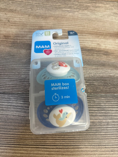 MAM Original pacifier set in blue with animal designs, BPA-free, in sterilizing case