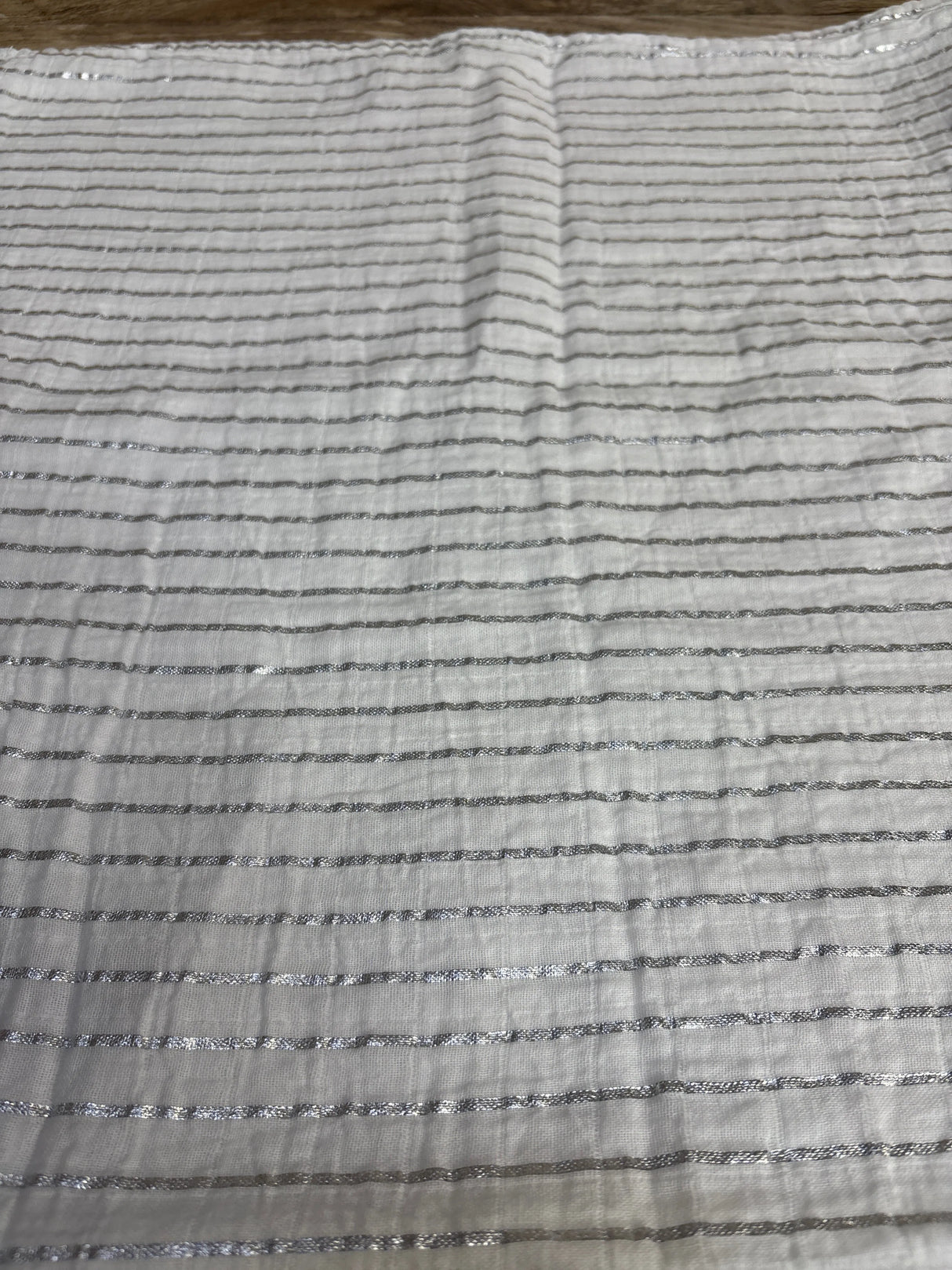 Okie Dokie Muslin Swaddle Blanket, White w/ Metallic Stripes