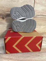 Pair of gray-soled toddler shoes on a red and brown shoe box, kids resale store product