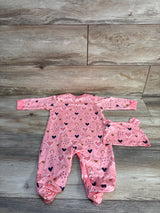 2pc Heart Print Footed Coverall & Hat Set Pink sz 6-9m