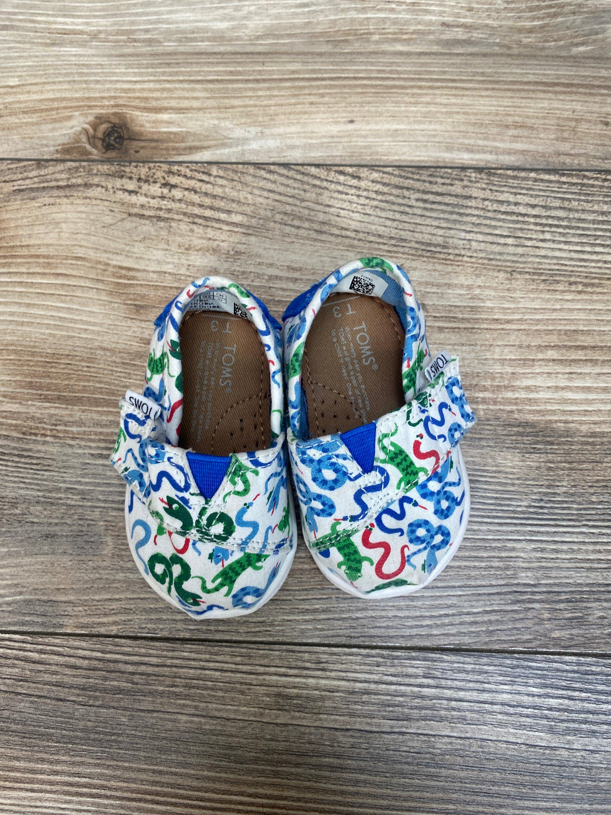 Toms White 'Cobalt Snakes' Tiny Alpargata Canvas Shoes sz 3c - Me 'n Mommy To Be