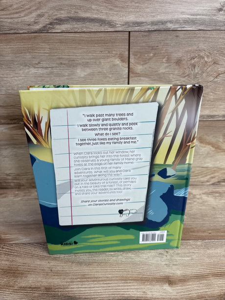 Back cover of a children’s book featuring text and an illustration of a forest scene with foxes by a pond on wood background