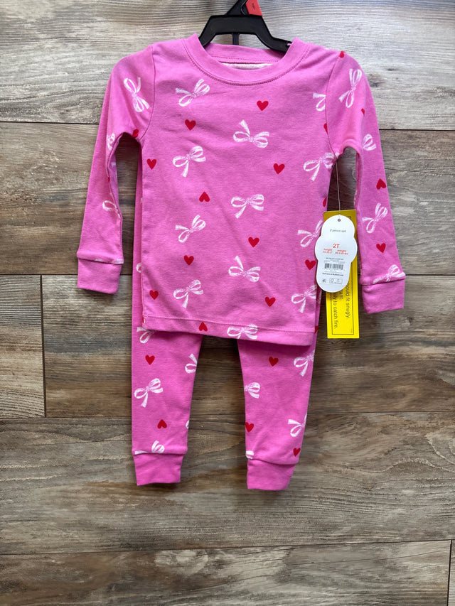Pink Me n Mommy To Be 2-piece pajama set for toddlers with white bows and red hearts pattern.