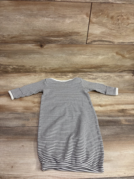Front view of Touched By Nature grey striped sleep gown in size 0 to 6 months with long sleeves on a wooden background