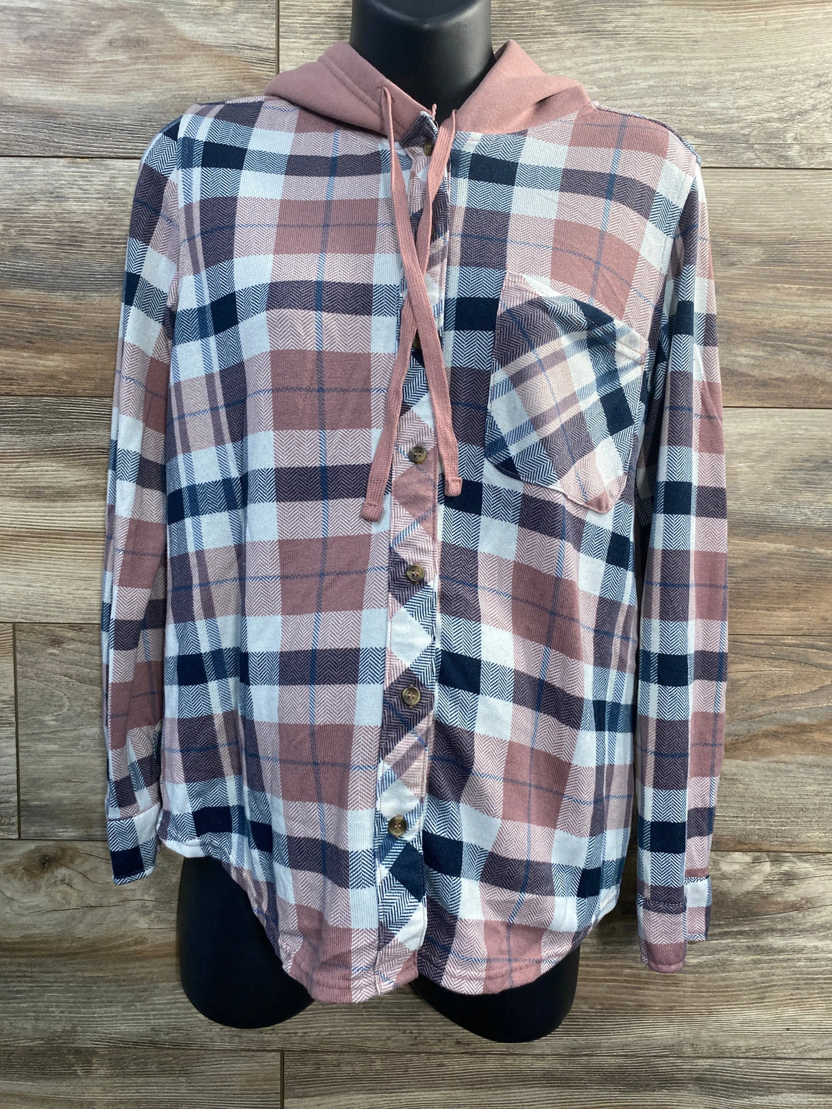 Eden & Olive Hooded Plaid Shirt Pink/Blue sz Large