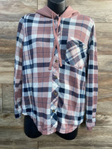 Eden & Olive Hooded Plaid Shirt Pink/Blue sz Large